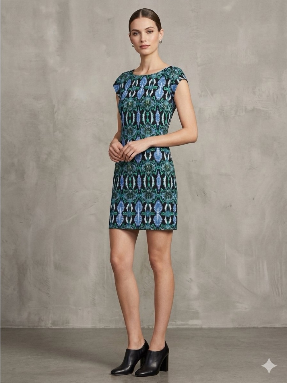 Sam Edelman Blue-Green Patterned Cap-Sleeve Mini Dress